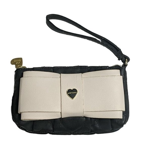 BETSY JOHNSON Black Cream Faux Leather Medium Size Clutch with Front Bow Tie - Picture 2 of 6